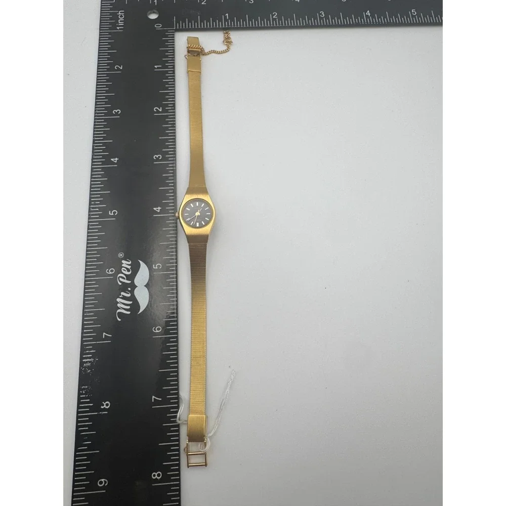 Vintage Pulsar Watch Ladies Gold Tone Black Dial NOS Working